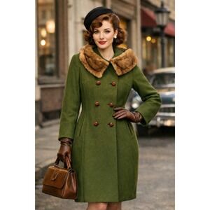 Vintage 50's Michel Daniel Olive Green Fur Collar Wool Coat Jacket Women's M